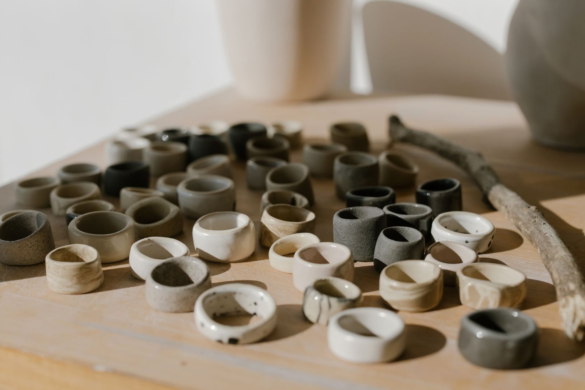Ceramic rings on wood surface